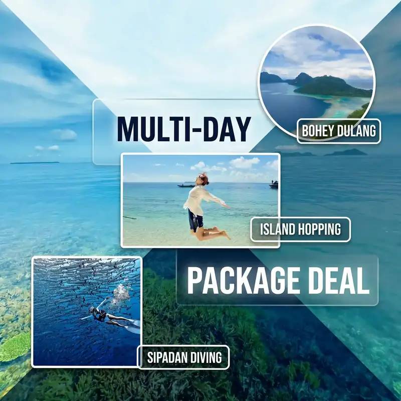 Multi day island hopping and snorkeling tour packages with Grand Dive Resort near the Tun Sakaran Marine Park.