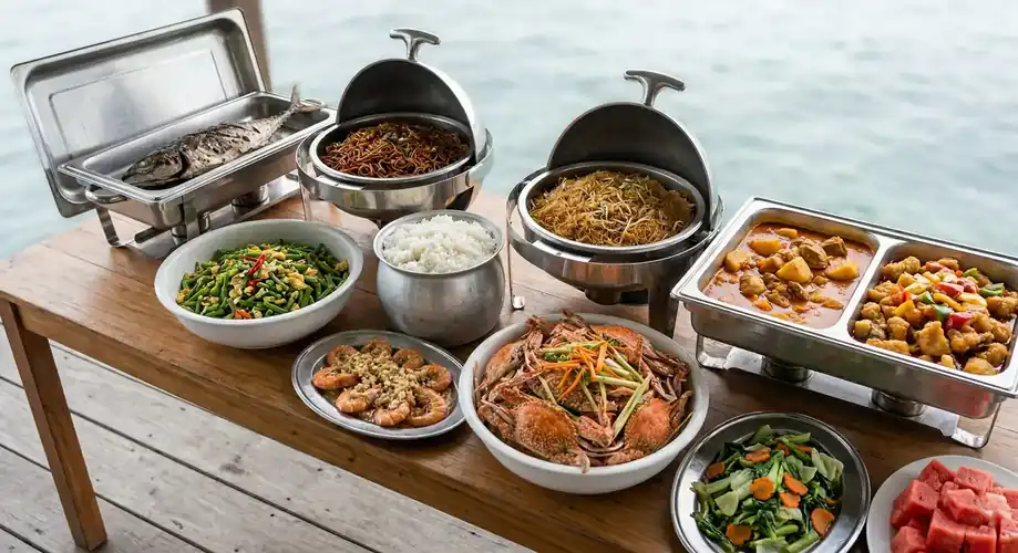 Selection of buffet meals for breakfast and dinner Grand Dive Resort